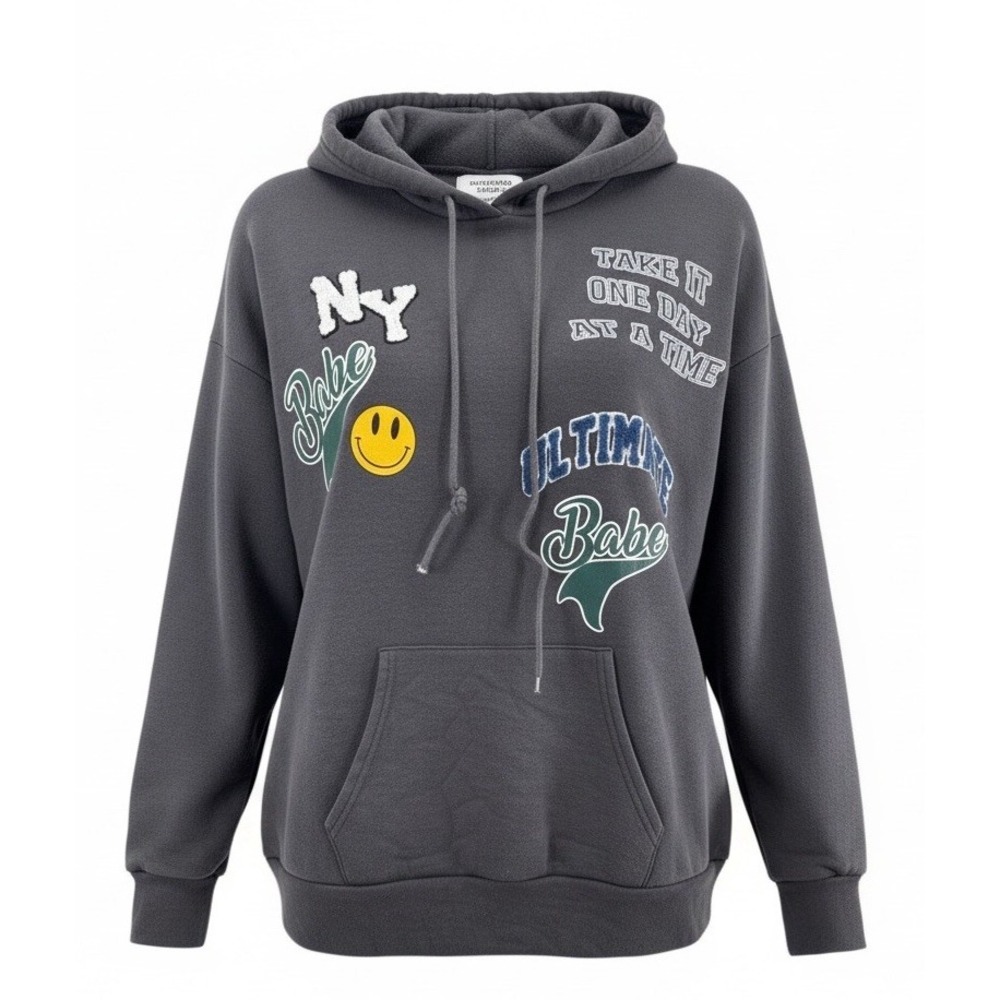Rue 21 Womens Boyfriend Hoodie "Babe" Print Kangaroo Pocket Black Sz L